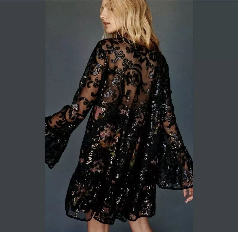 Free People Falling Flowers Frock Mini Dress Pink Black Sequins