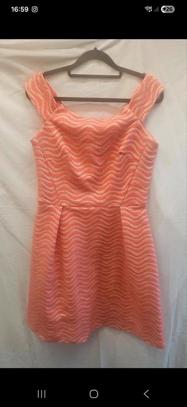 Warehouse UK Size 10 Coral and White Jacquard Occasion Dress with Skater Skirt