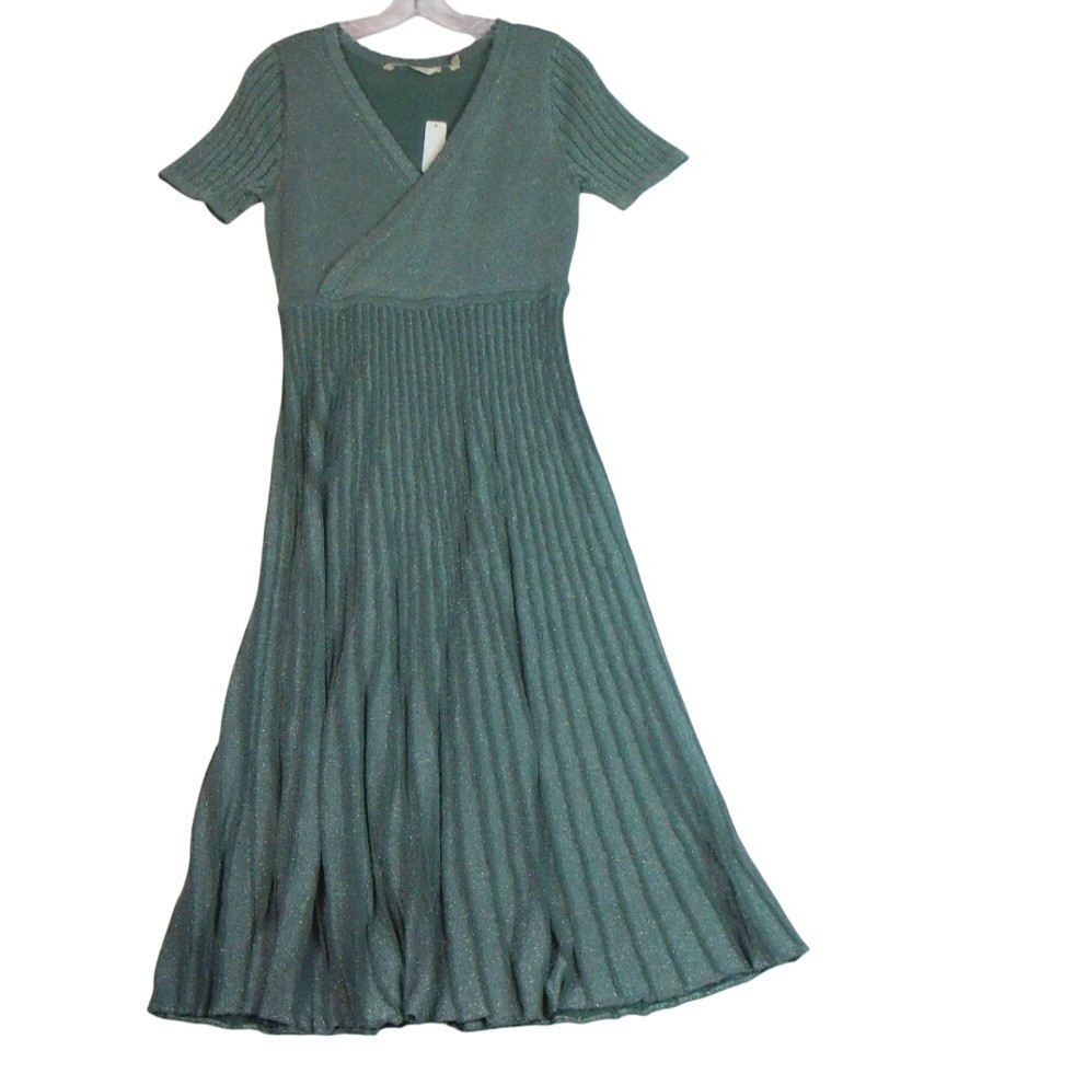 Soft Surroundings Green Silver Metallic Pleats Shimmer Midi Dress Size PS NWT