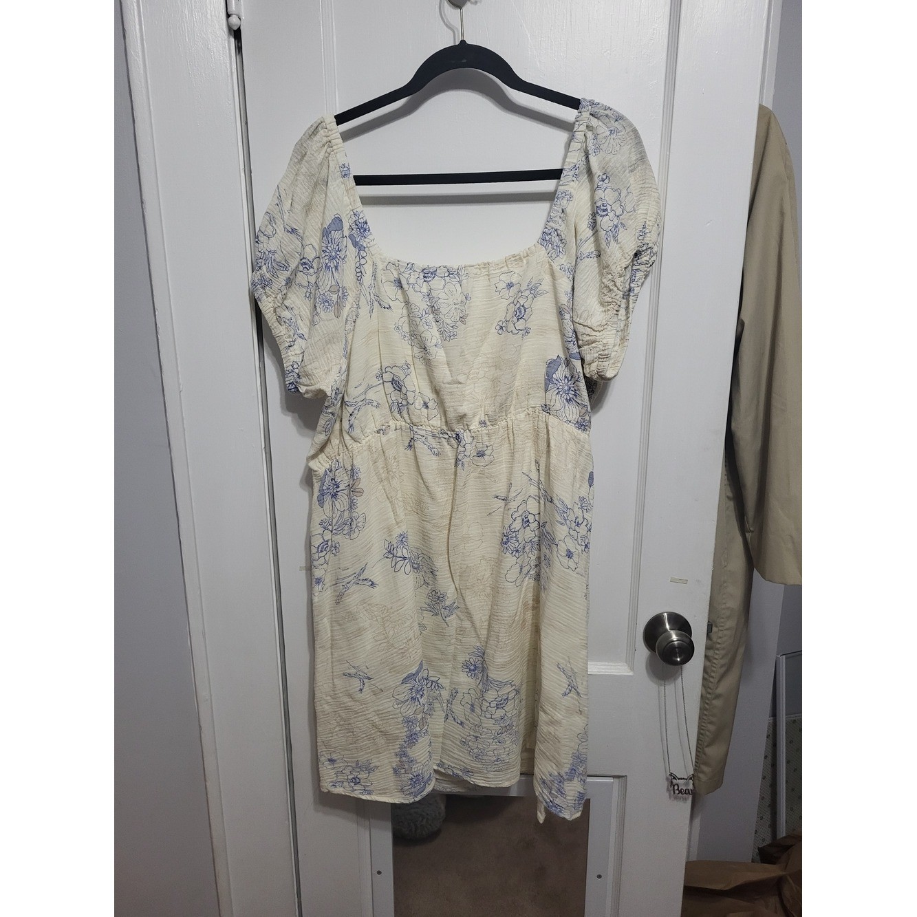 Euc Cream Floral Puff-Sleeve Mini Dress with Blue Print Size 20