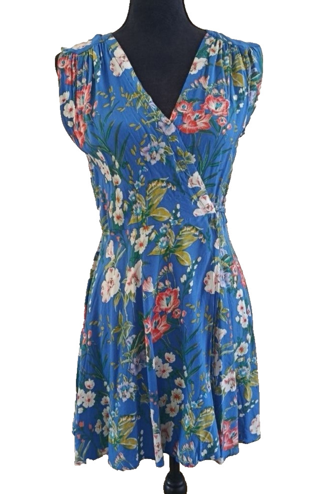 Yumi Kim Women’s Blue Sleeveless Floral Print Sleeveless Wrap Mini Dress Size M