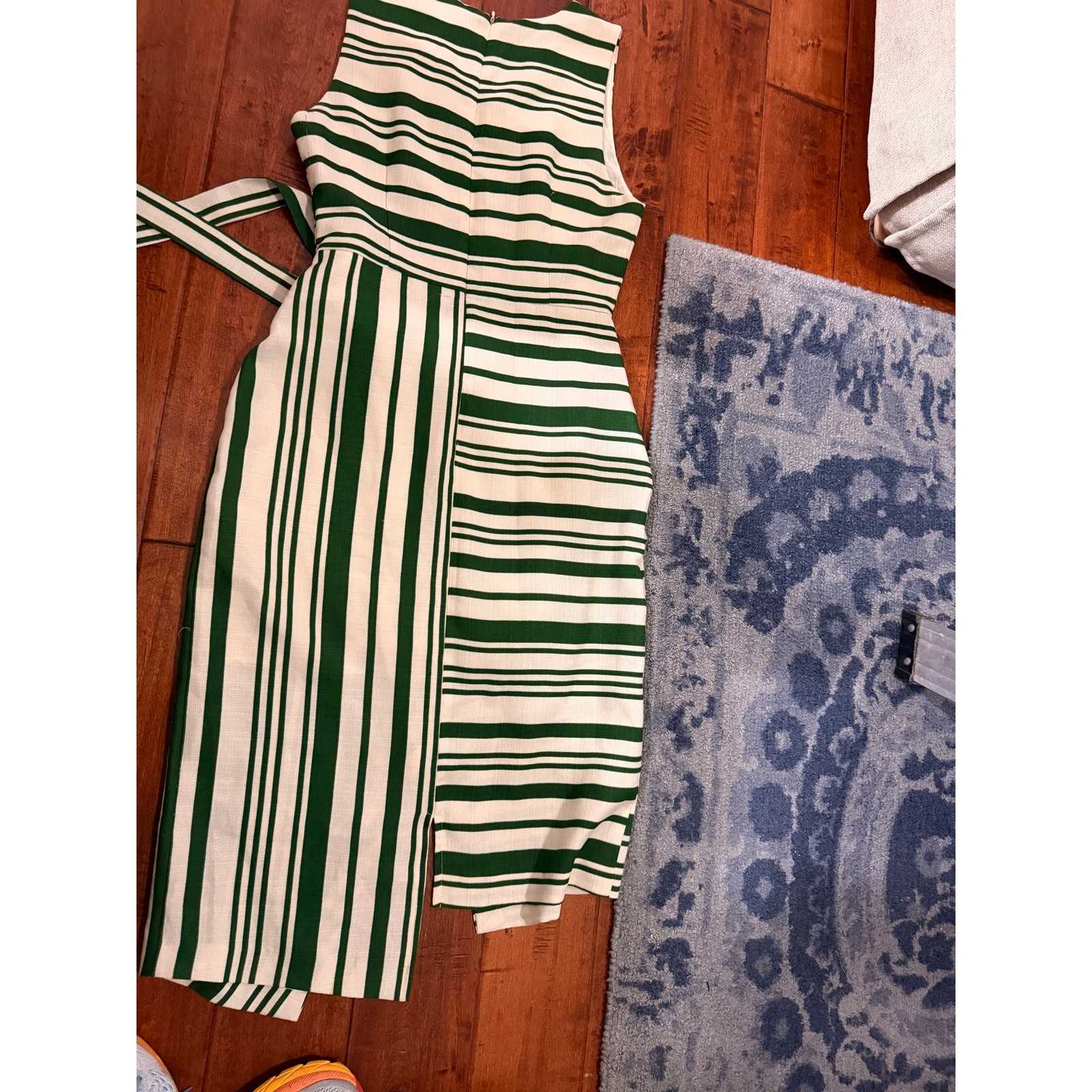 J.O.A. Faustina Green and Cream Striped Midi Wrap Dress.
