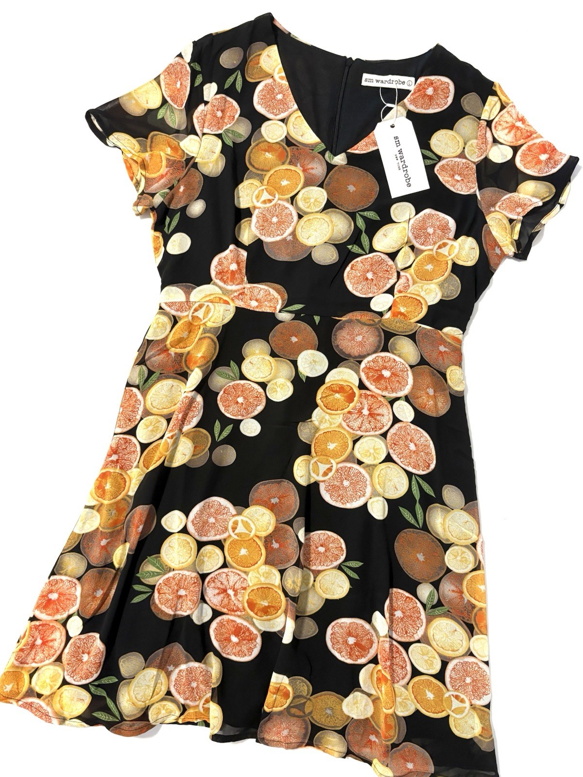 SM Wardrobe Citrus A-Line Black Dress Womens Large V-Neck Flowy Summer NEW NWT