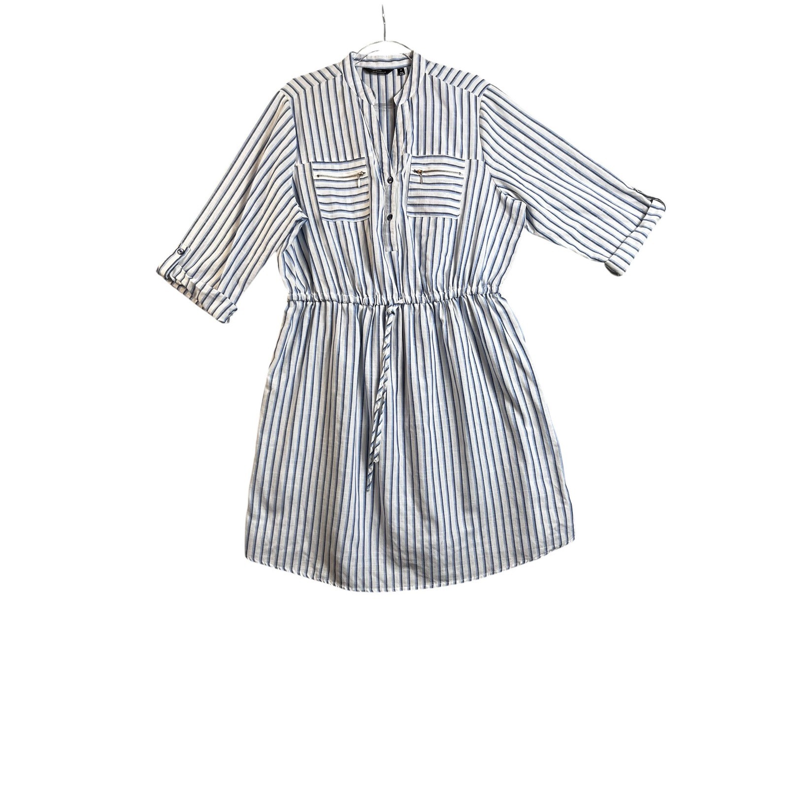 Mlle Gabrielle Blue White Striped Roll-Tab Sleeve Shirtdress Plus Size 2X