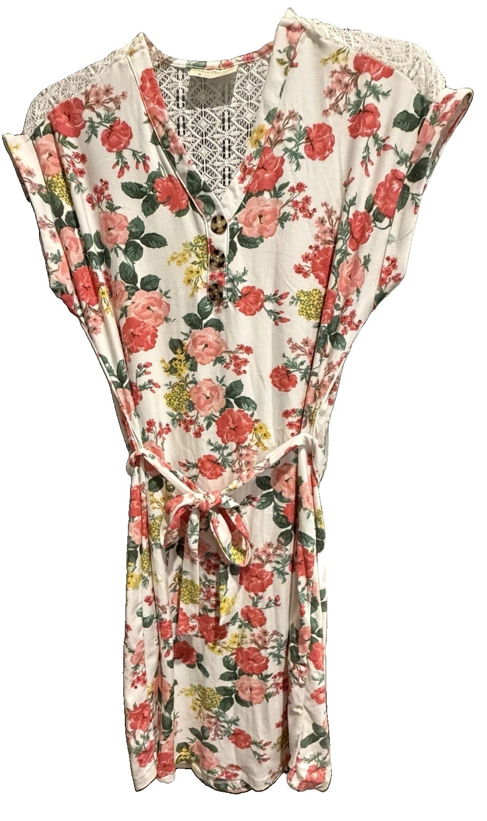 NWT Bobbie Brooks Women’s Small White Floral Dress V Neck Lace Back Waist Tie