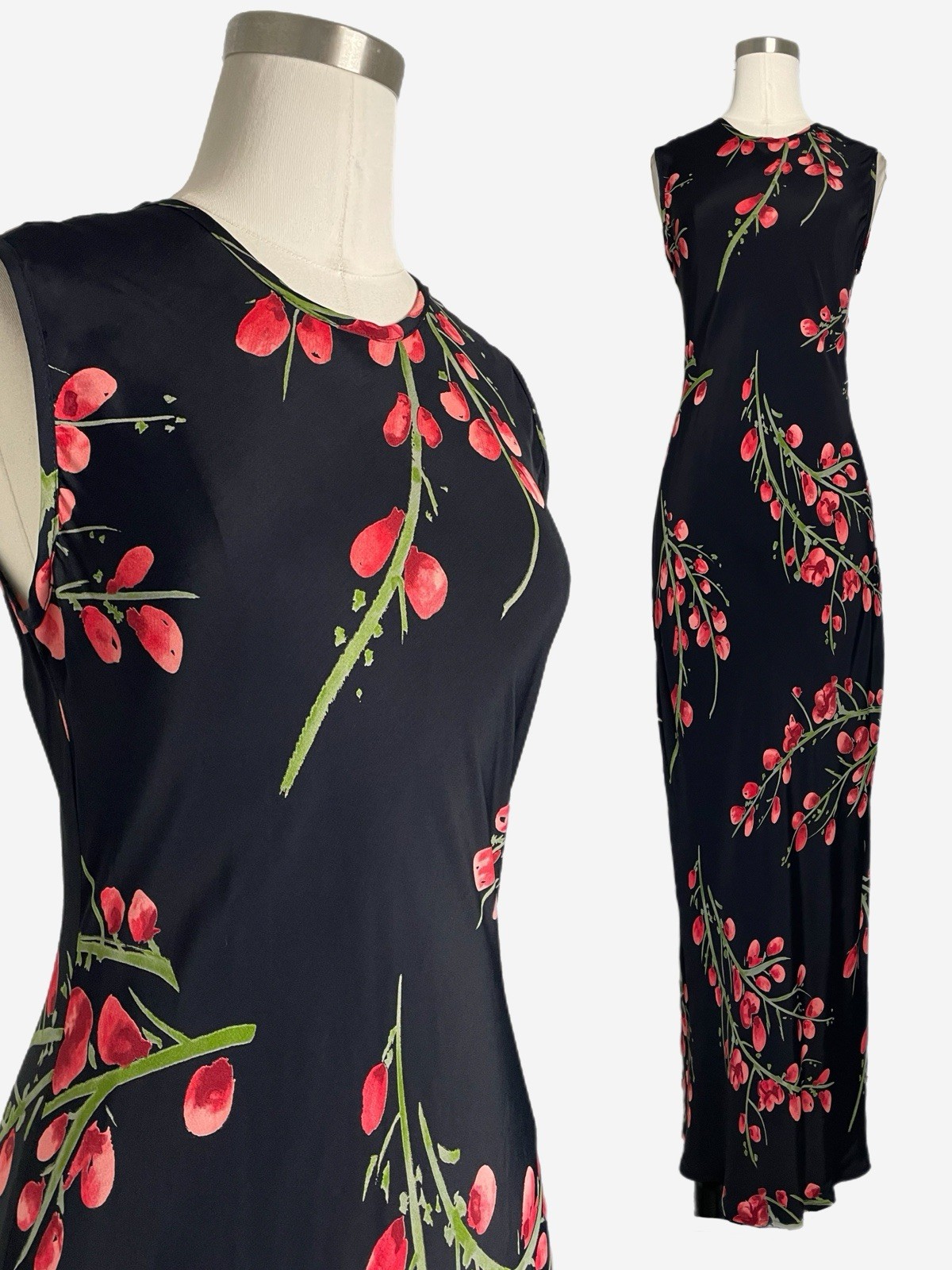 Vintage Y2K Mannequines Black red floral bud vines sleeveless maxi dress XS