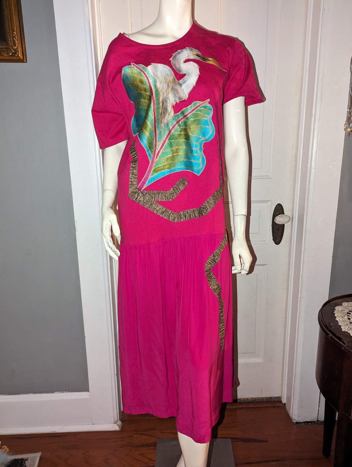 Rare Vintage Jamie Silk Cotton Drop Waist Bird Tropical Unique Dress Small