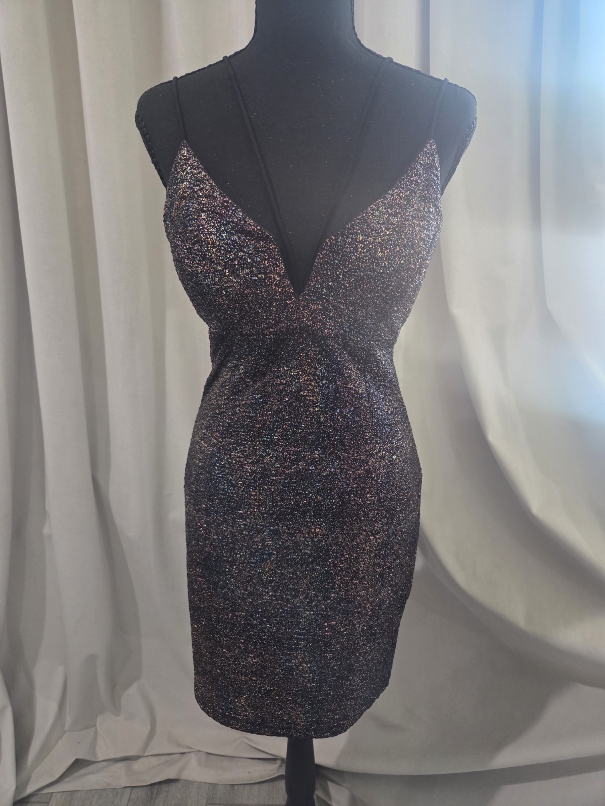 Women’s Black Metallic Glitter Bodycon V-Neck Strappy Mini Dress S Party