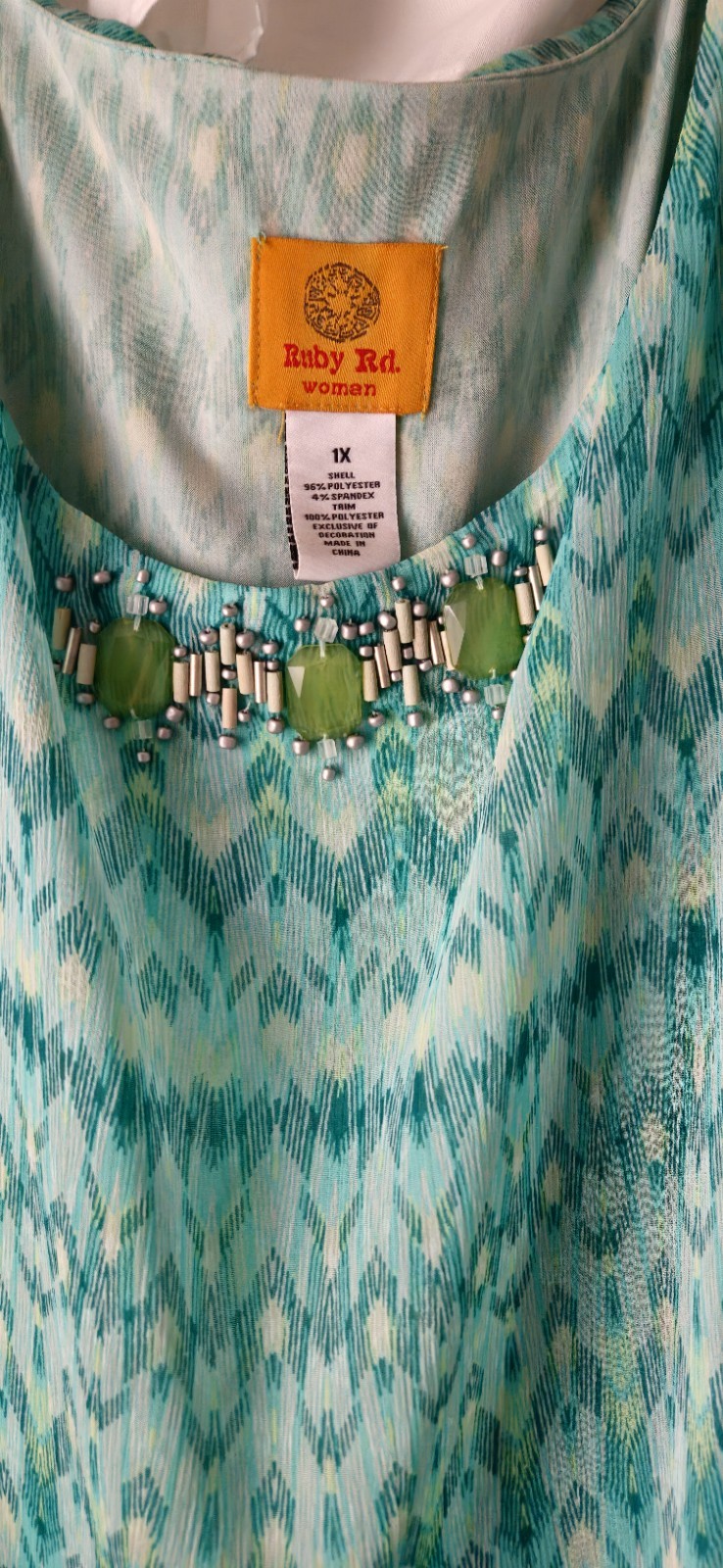 Ruby Road Women’s 1X Bead Accented MAXI DRESS , Shades Of teal on White,NWT