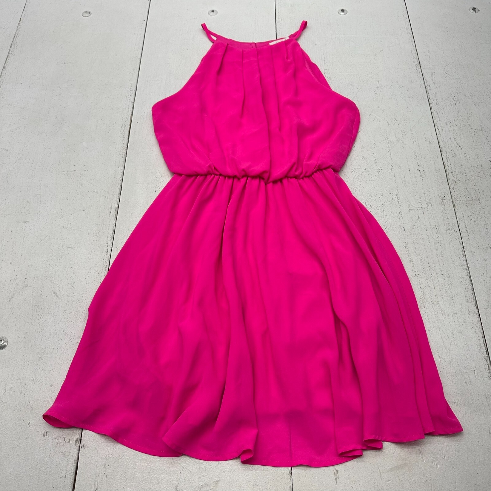 Lush Hot Pink Flowy Halter Neck Rouched Waist Mini Dress Womens Size Medium