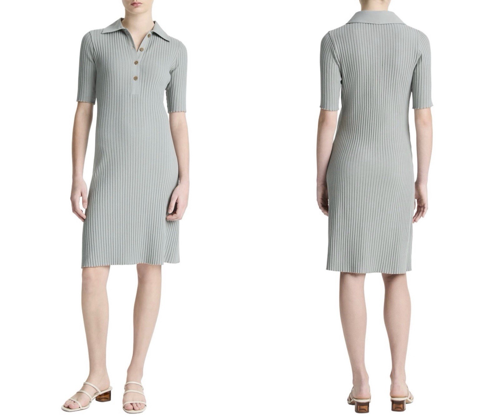 NWT Vince Women’s Sea Stone Ribbed Cotton Blend Elbow Sleeve Polo Dress XS