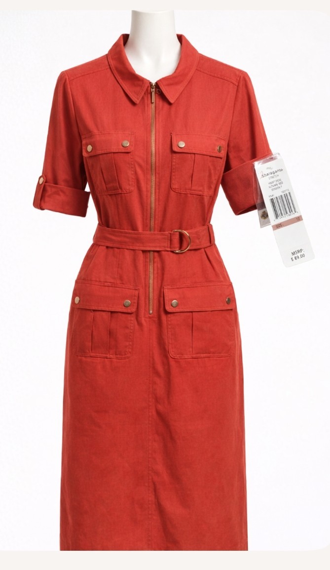 Sharagano Women’s Size 12 Safari Shirt Dress Autumn Red Stretch Belted Zip
