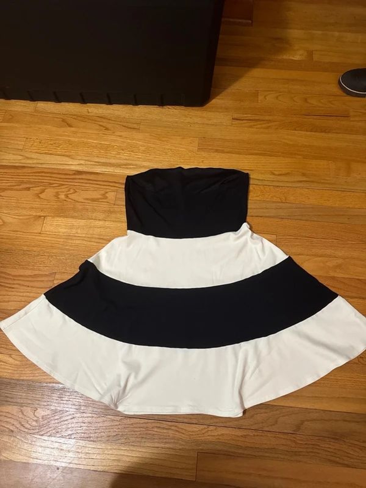 black and white strapless mini dress