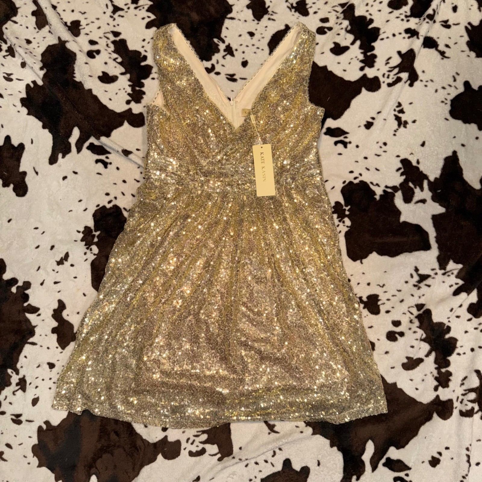 Kate Kasin Sequin Dress Womens L Gold V-Neck Sleeveless Sparkly Glam Party New