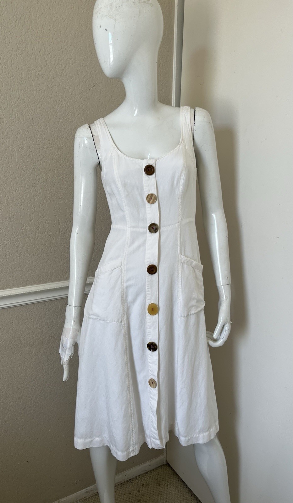 by ANTHROPOLOGIE White Rayon/Linen ANTIGUA Buttoned Sleeveless Midi Dress 0