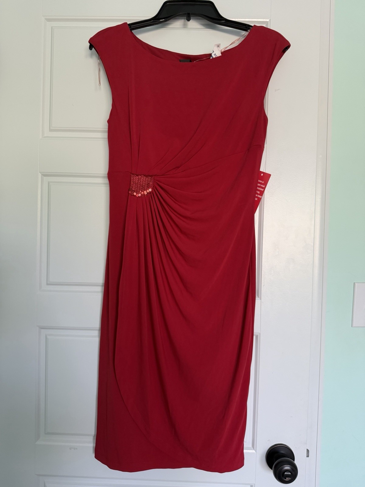 NWT Connected Apparel women’s Red Solid Ruched Sheath Dress Beaded Accent Size 6