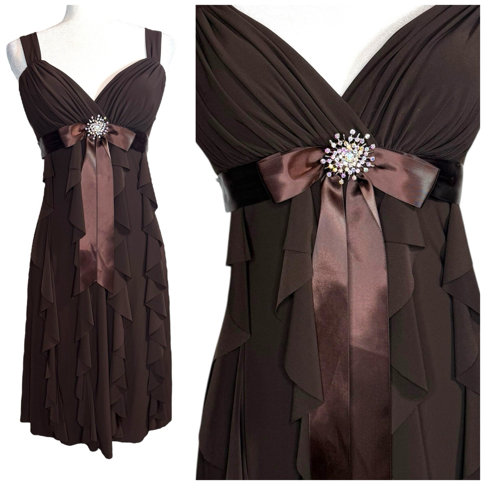 Vintage Y2K Betsy & Adam Brown Tiered Ruffle Babydoll Dress Rhinestone Satin 8