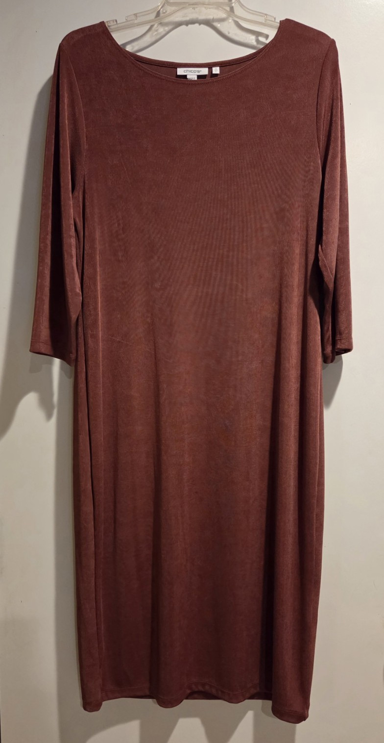 Chico’s Brown Solid Knit Midi Shift Dress Boat Neck 3/4 Sleeve Pullover Sz 2