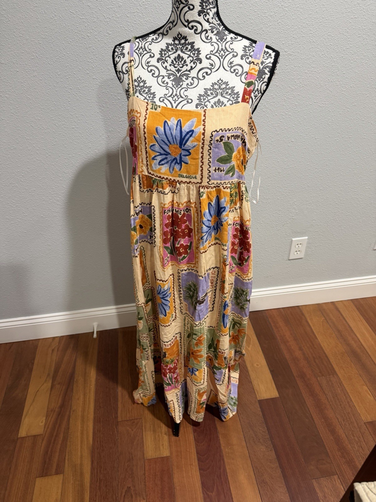 Paper Heart Anthropologie Linen Blend Floral Post Card Maxi Dress Xl New