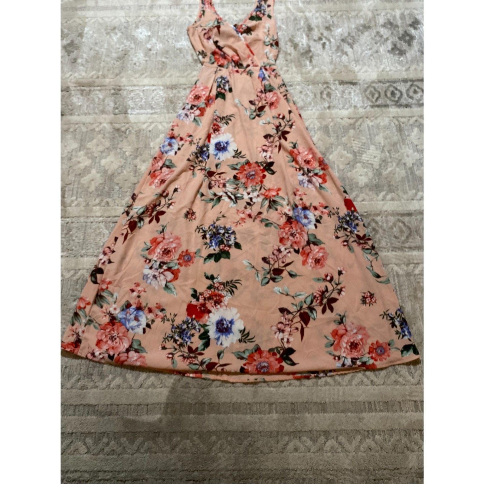 Minette Open Back Peach Floral Maxi Dress With Slit Small