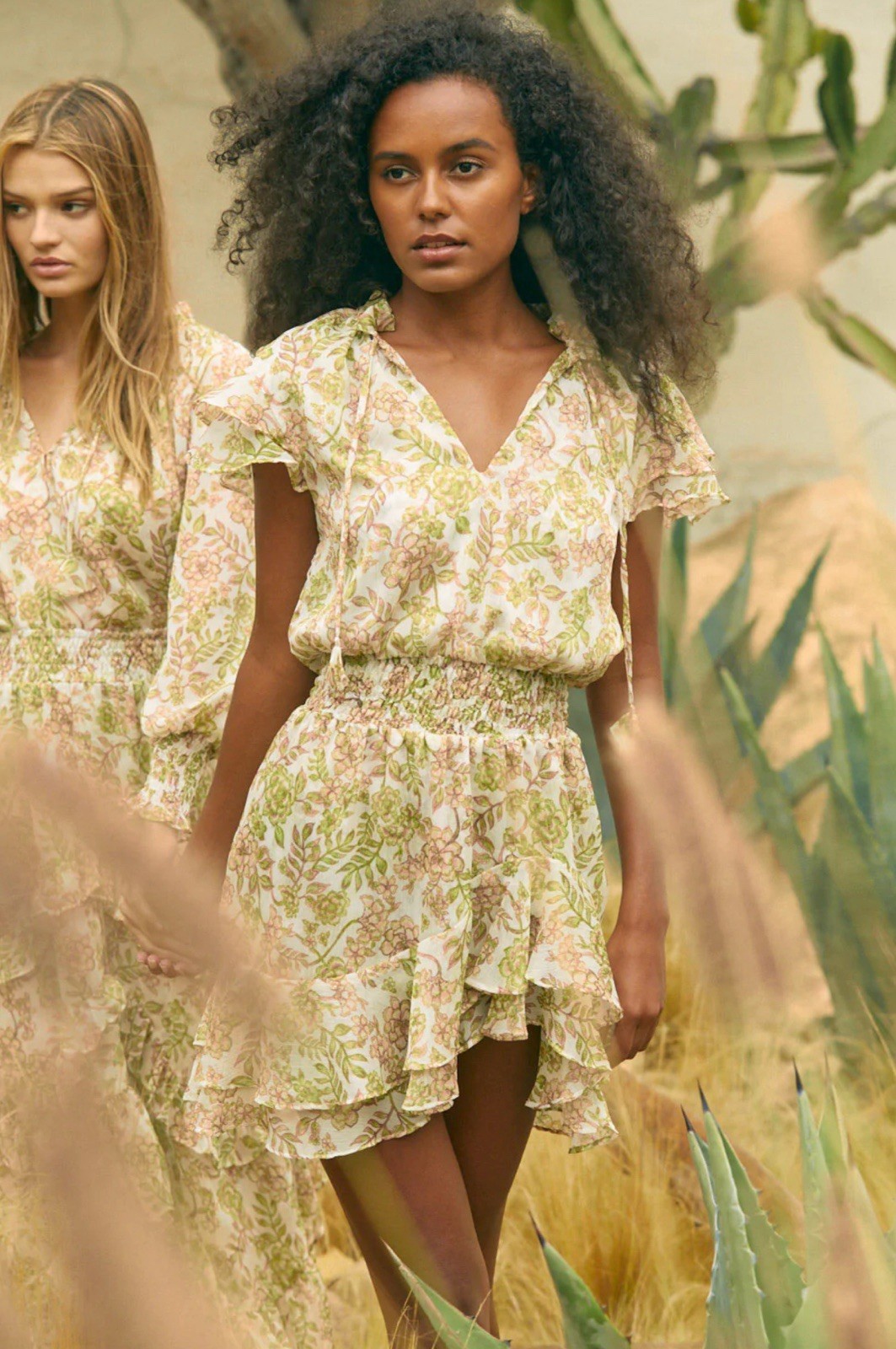 MISA Los Angeles Maia XS White Green Floral V-Neck Smocked Ruffle Mini Dress
