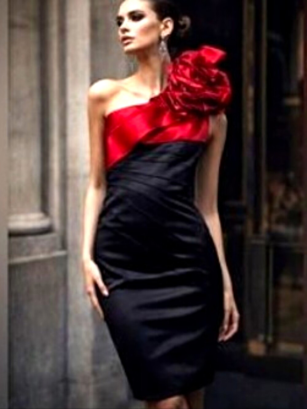 Karen Millen One Shoulder Red/Black Colorblock Satin Ruffle Sheath Dress 4