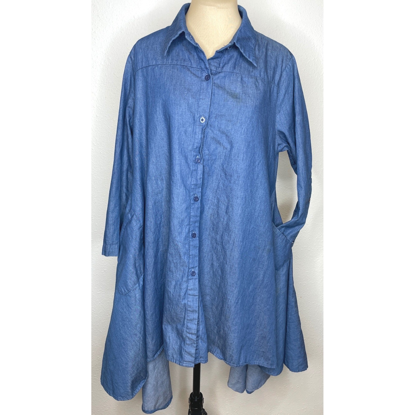 INA Women Shirt Dress Denim High Low Button Front M/L Blue