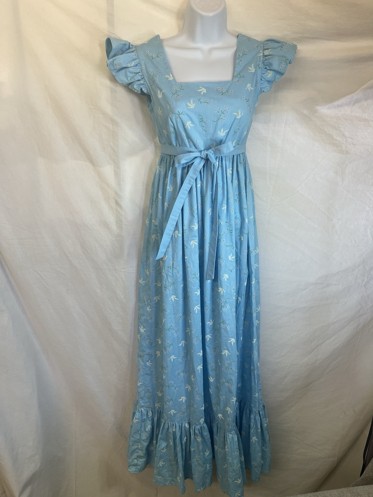 Vintage 50s 60s Dress Handmade Flocked Blue Long Prairie Peasant Gypsy Ruffle