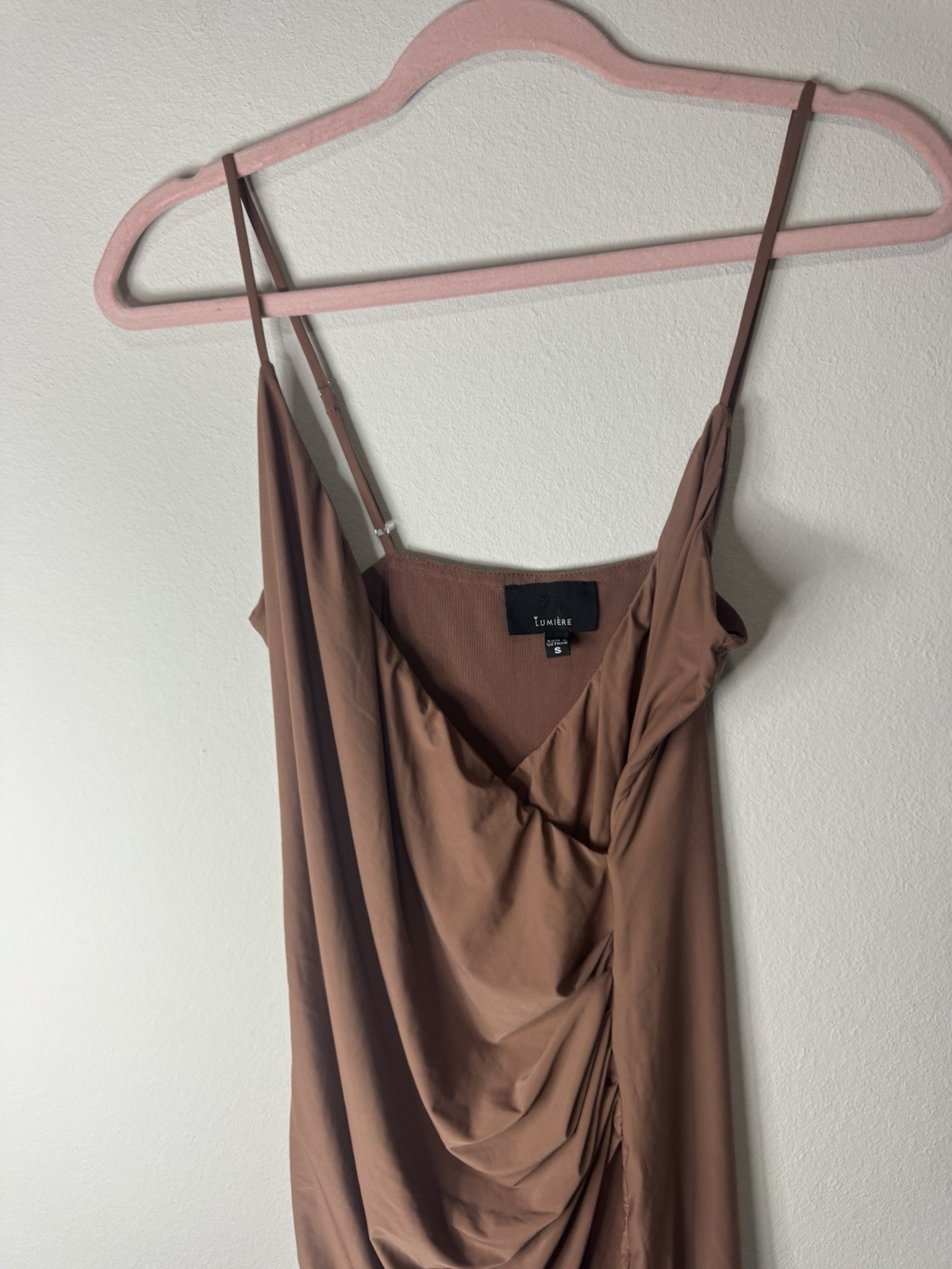 Lumiere Brown Solid Ruched Adjustable Mini Dress V-Neck Sleeveless S