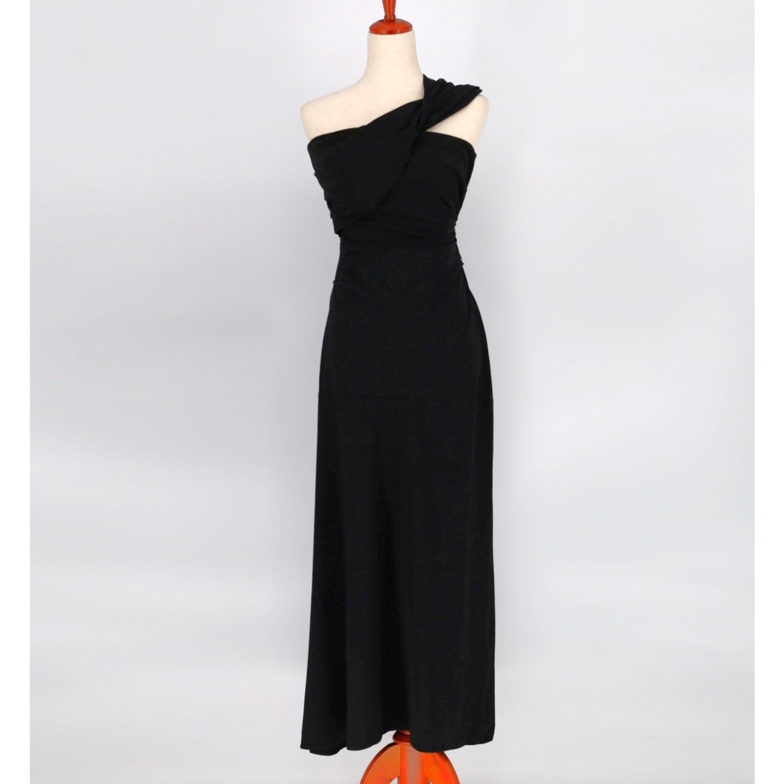 CO Women Black Wool/Viscose Stretch Asymmetric Evening Maxi Gown Dress Size XS