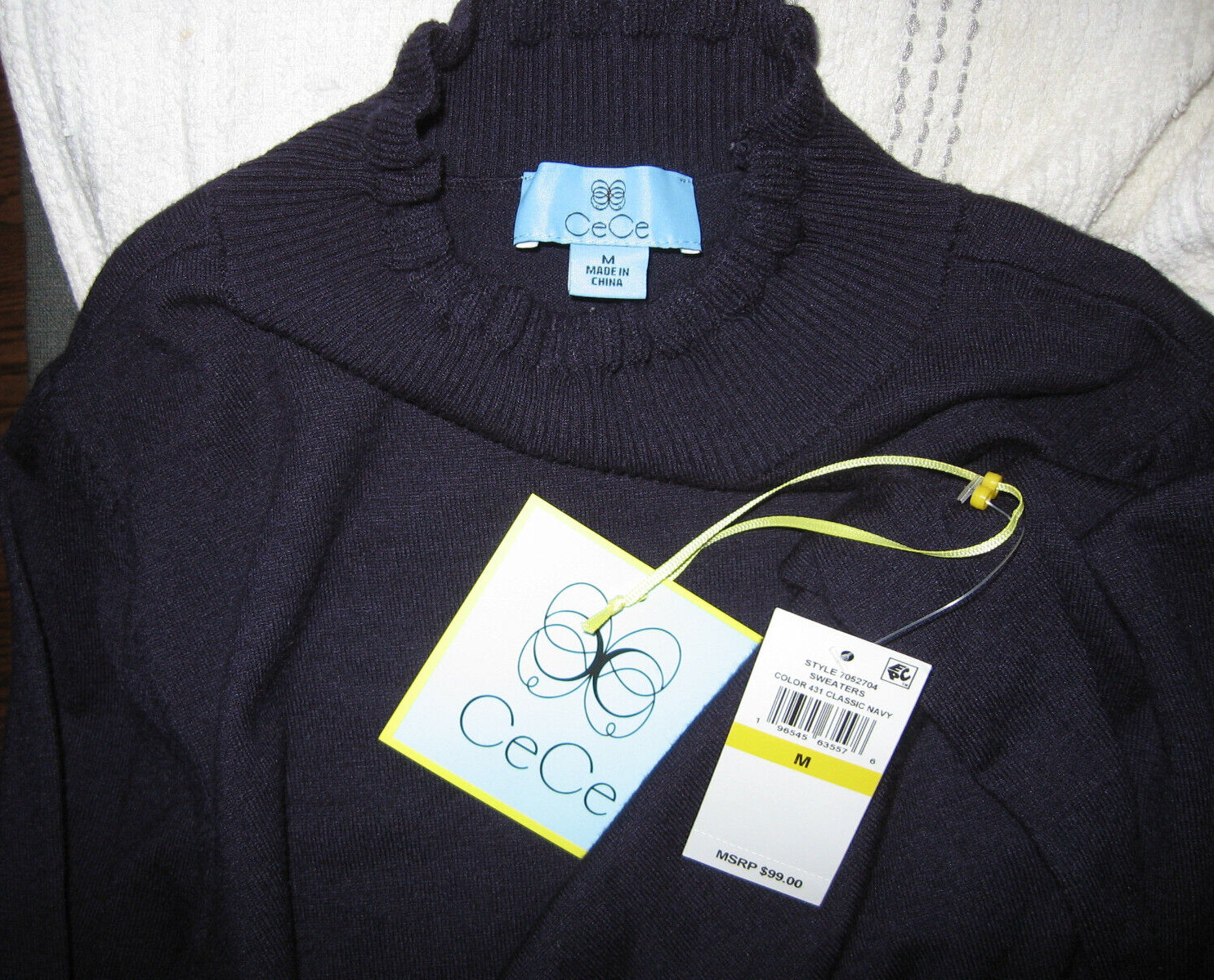 NEW CeCe RUFFLED NECK CUFFS KNIT SWEATER DRESS SZ M NAVY BLUE NWT $99