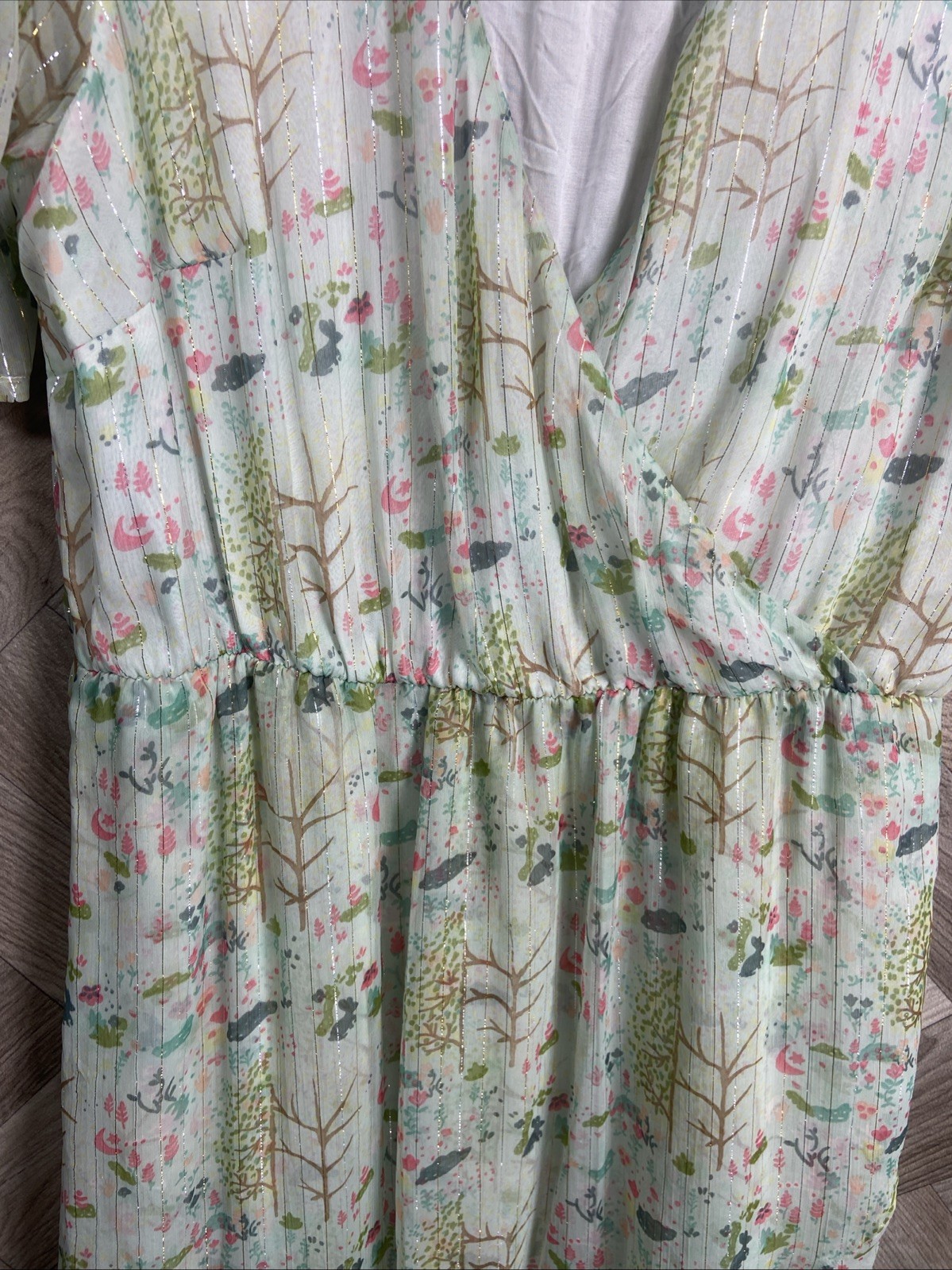 Oliver Bonas Sheer Floaty Leaf Print Midi Dress Ruffle Metallic Detail Size 16