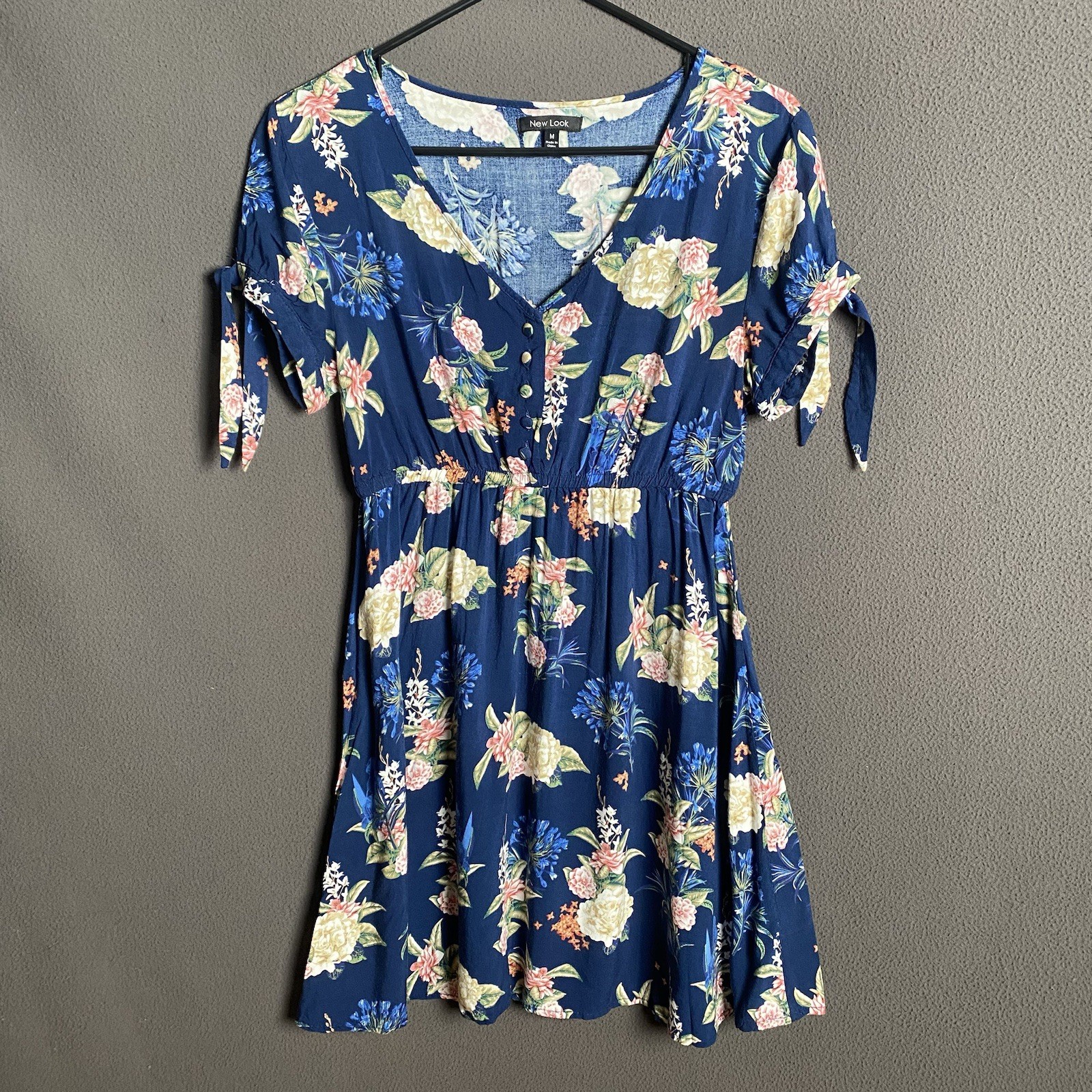 New Look Dress Womens Medium Blue Fabric Covered Buttons Aline Flowy Cottagecore