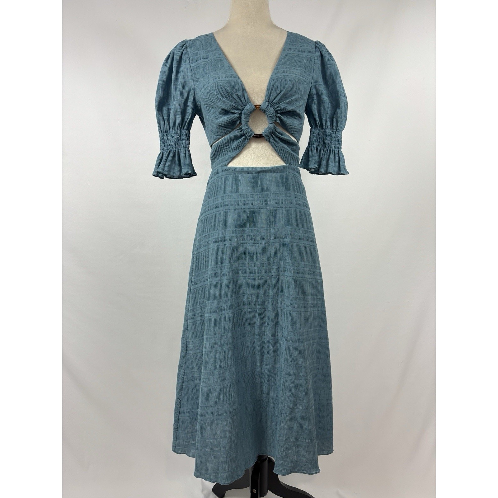 Tularosa Nanette Cut Out Dress Dusty Blue Small Cotton Blend Lined Maxi Plunge
