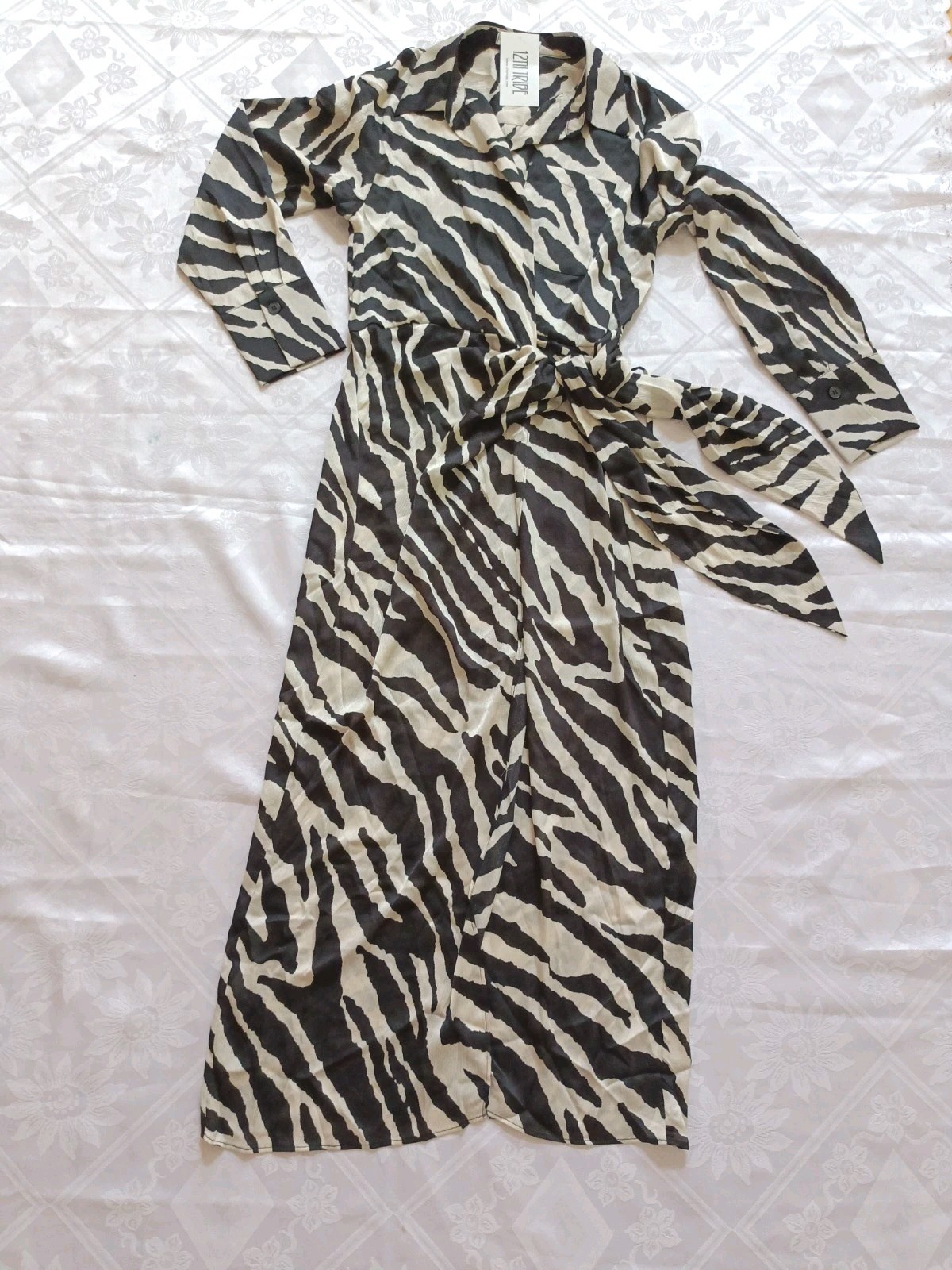 NWT 12th Tribe Wrap Maxi Dress Collared Zibra Print Long Sleeve M Cream Black