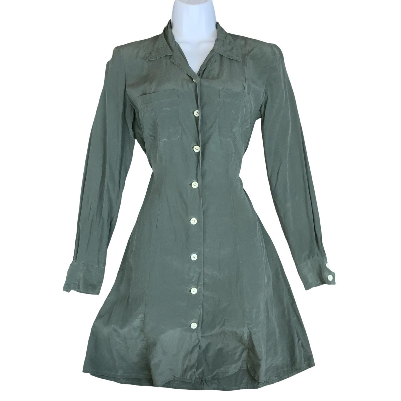 VTG 80s ‘CACHAREL’ GREEN LONG SLEEVED BUTTON DOWN CASUAL SILK SHIRT DRESS S 10
