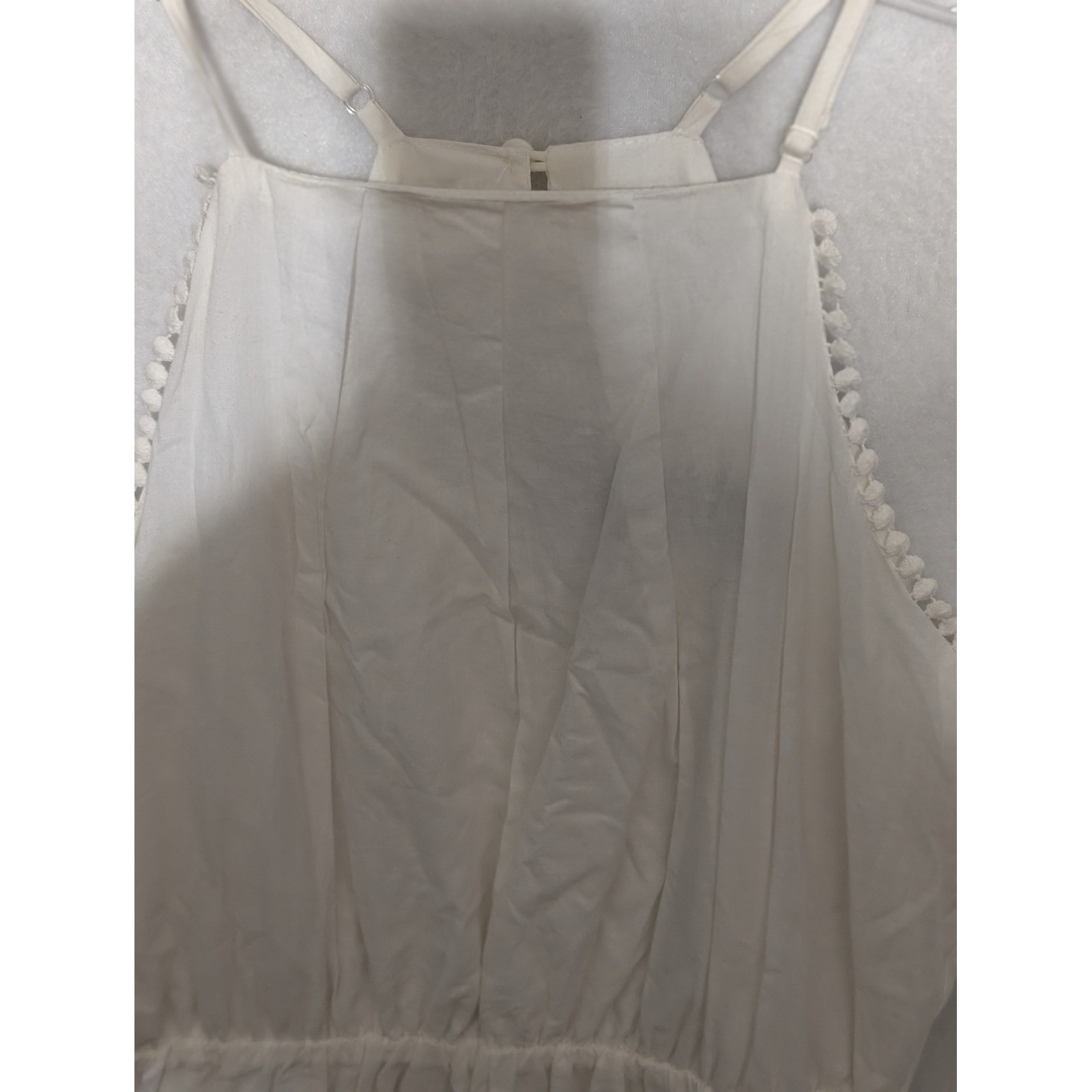 Blue Rain White Eyelet Mini Dress Womens Small Halter Neck Pom Pom Trim Scallop