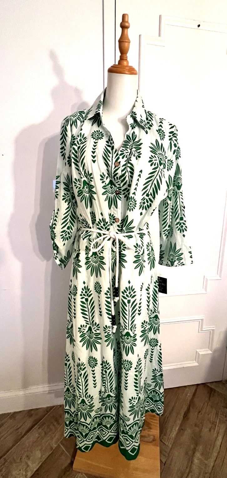 Green & White Rope Belted Dress XL Mlle Gabrielle Green Swirl 100% Cotton Lined