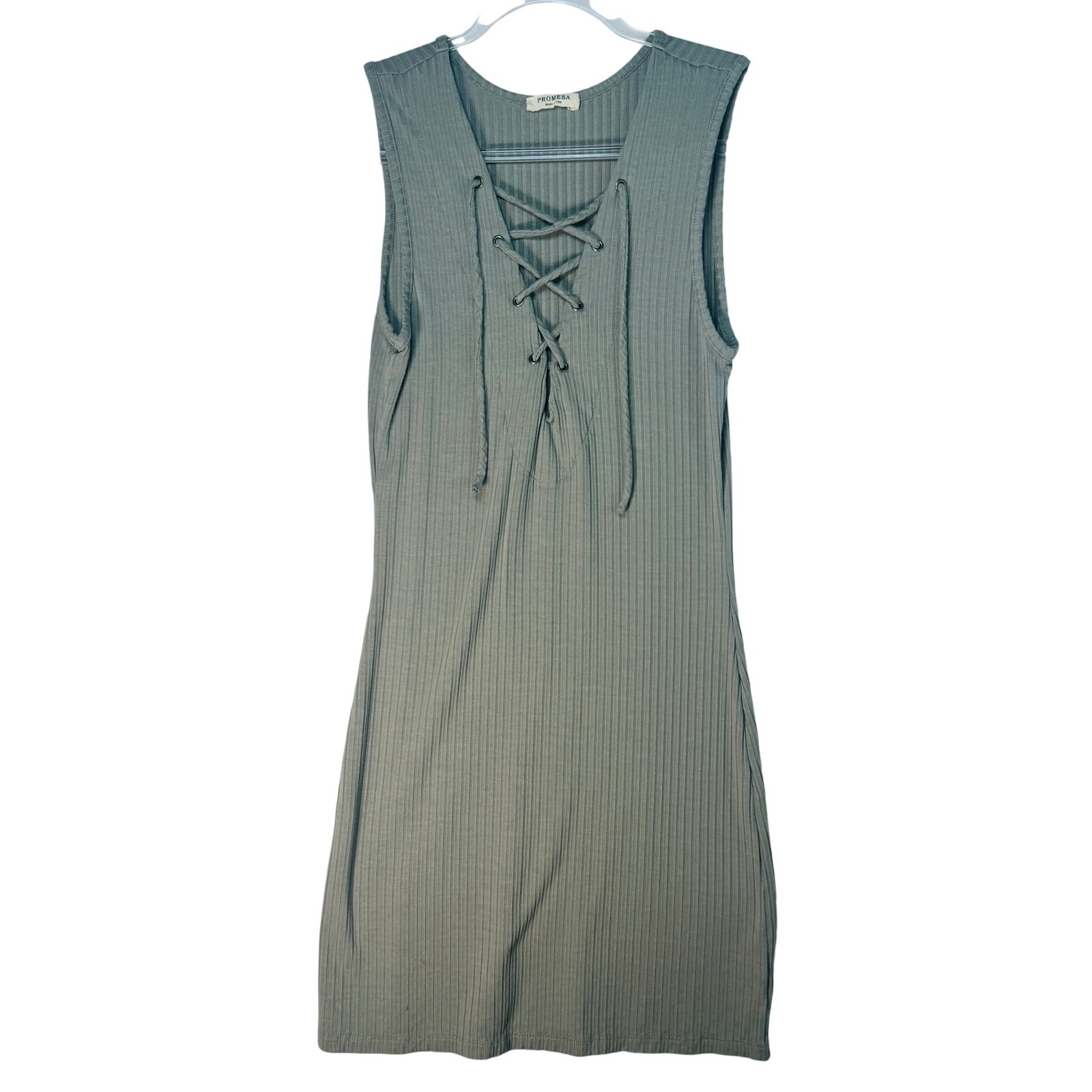 Promesa Lace-Up Ribbed Dress Women’s M Sage Green Boho Soft Knit Tank Dress USA