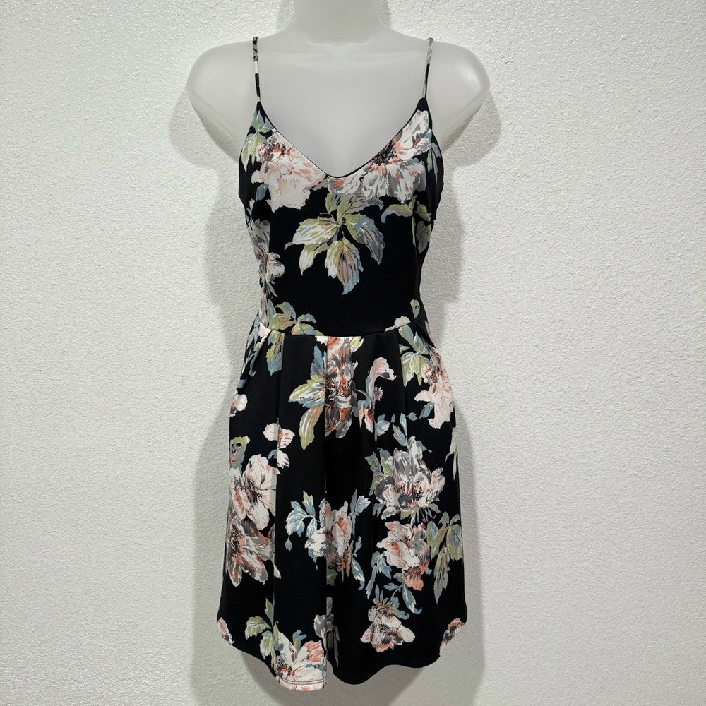 soprano black floral print cami spaghetti strap a line fit & flare dress