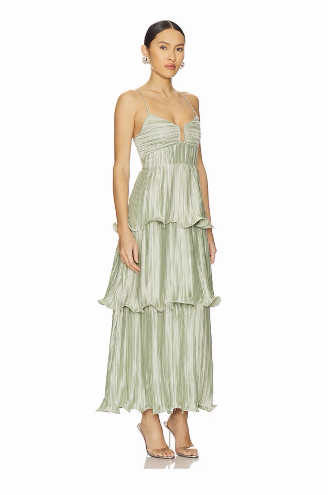 ASTR the Label Lupin Green Pleated Ruffle V-Neck Spaghetti Midi Dress S
