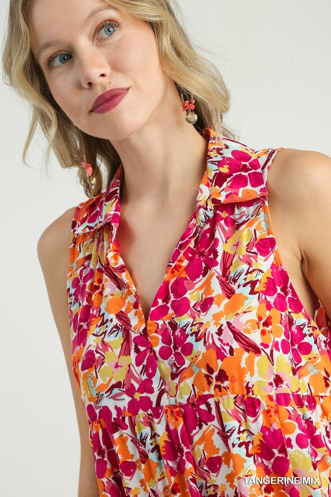 Umgee Multi Floral Print Sleeveless Collared Split Neck Tiered Midi Hi Lo Dress
