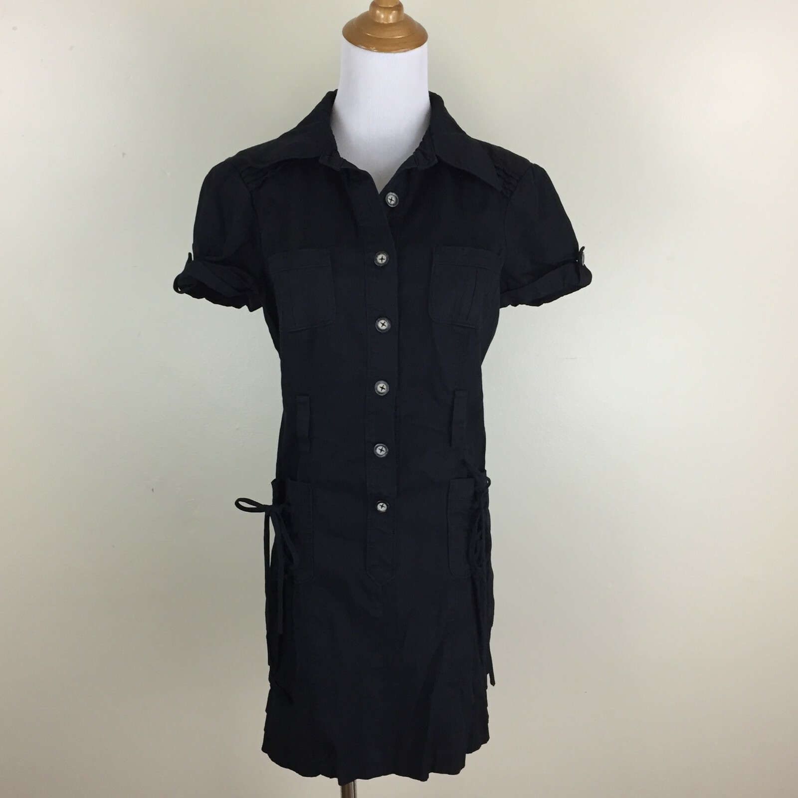 BEBE Black Short Cuffed Sleeve Button Lace Up Pockets Dress Womens sz 4-6