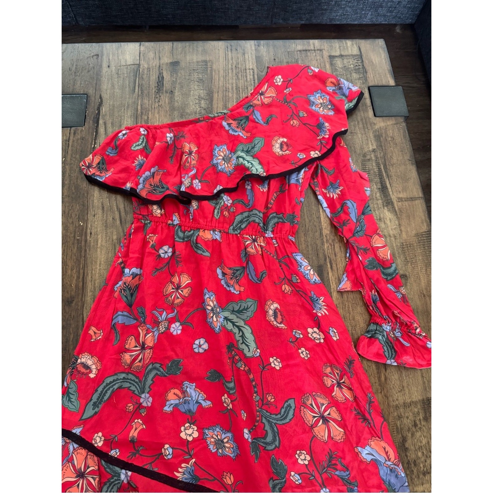 Love Sam Red Floral One Shoulder Asymmetrical Ruffle Dress XS Boho Viscose