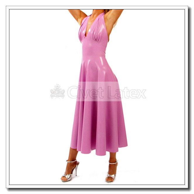 Latex Dress Halter Deep V Neck Backless Sundress Cup Pleated Customized D54