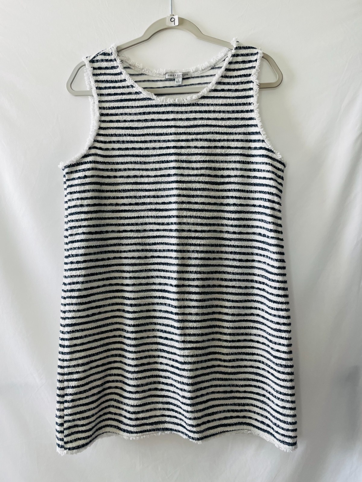 Green Envelope Womens Blue & White Striped Print Fringe Hem Tank Dress Size L
