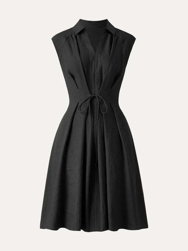 OGL – Viscose-Linen Collared V-neck Midi Dress with Drawstring