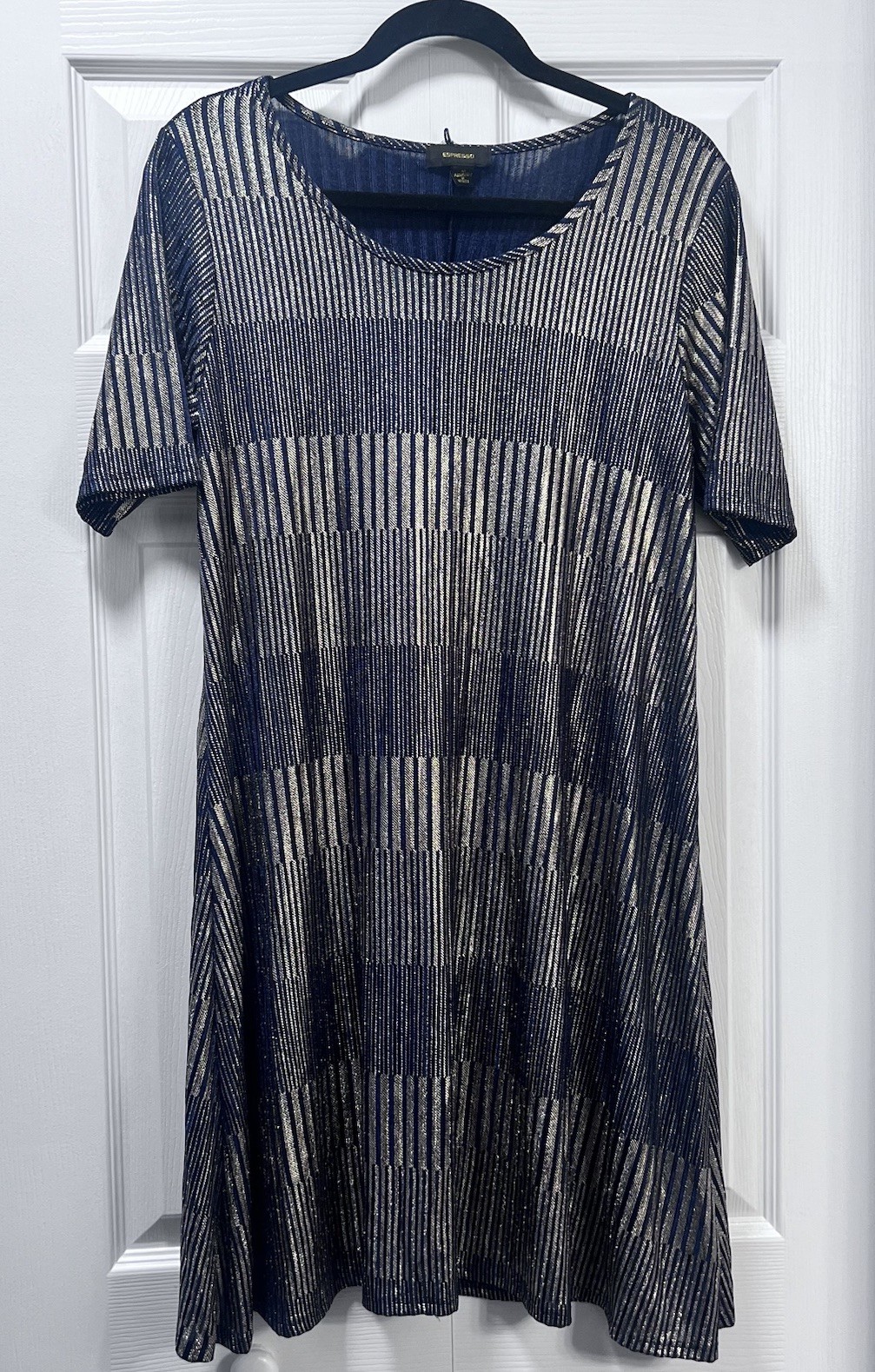 Espresso Metallic Striped Dress Womens M Blue Gold Shimmer Short Sleeve A-Line