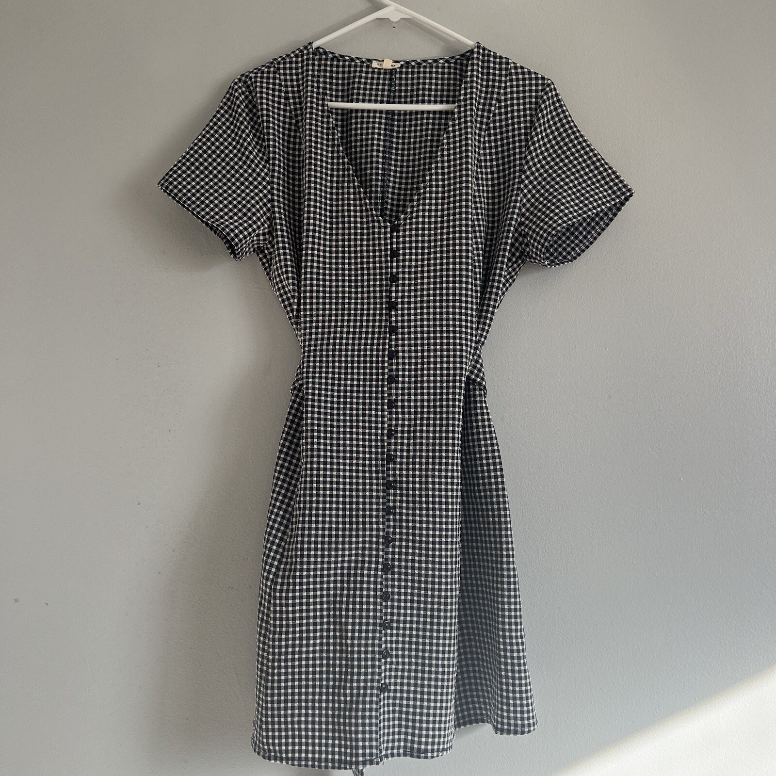 En Crème tie waist button up a line dress Short Sleeve Blue white Plaid Sz L
