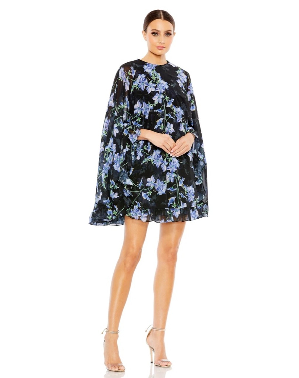 Women’s Mac Duggal Black Blue Floral Chiffon Cape Mini Dress 2